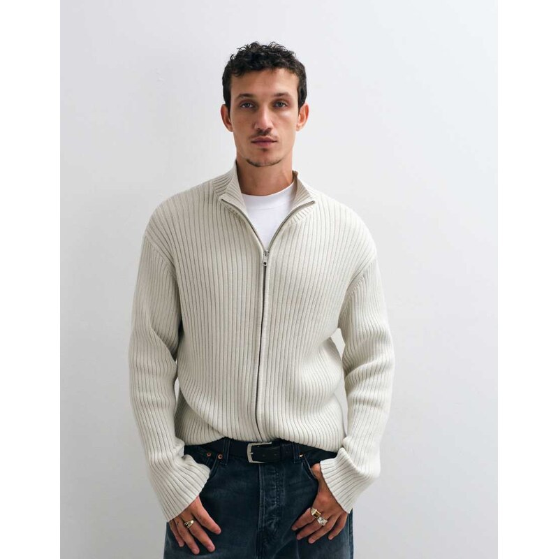 Weekday zip through rib cardigan in off-white