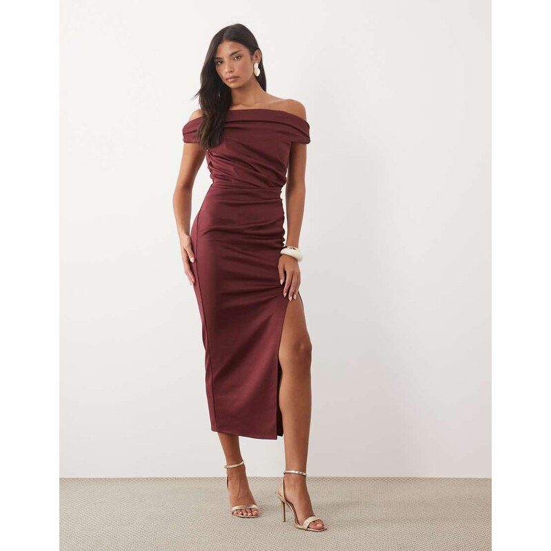 ASOS DESIGN twist bardot bodycon midi dress in burgundy scuba