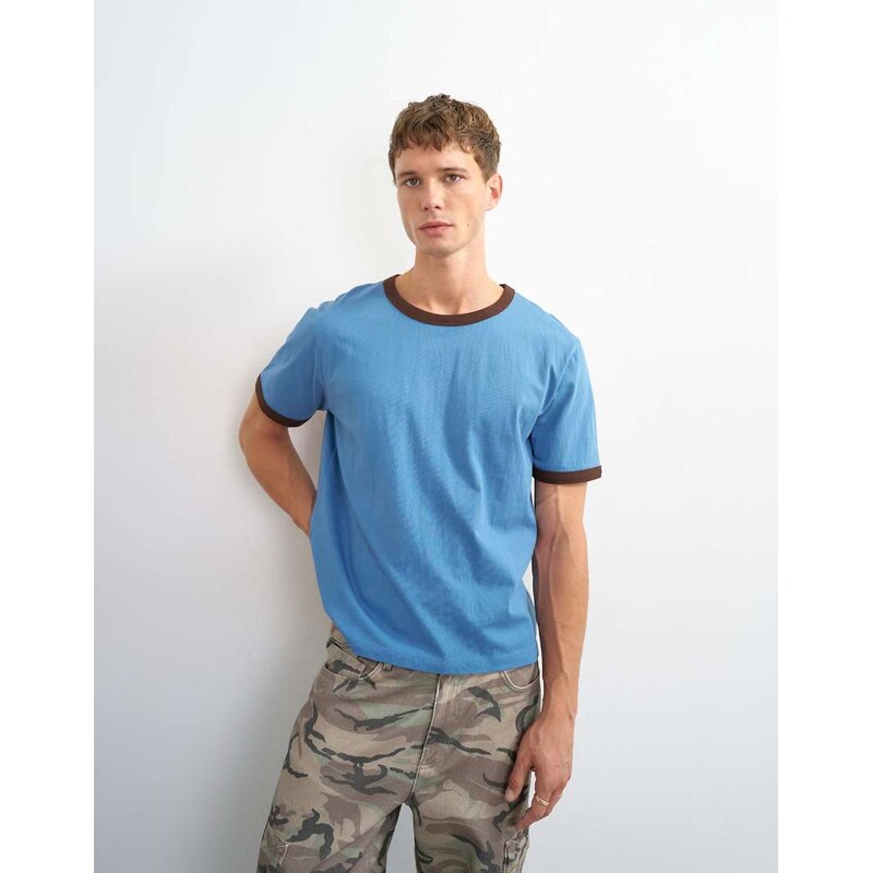 Topman classic fit crop ringer t-shirt in light blue