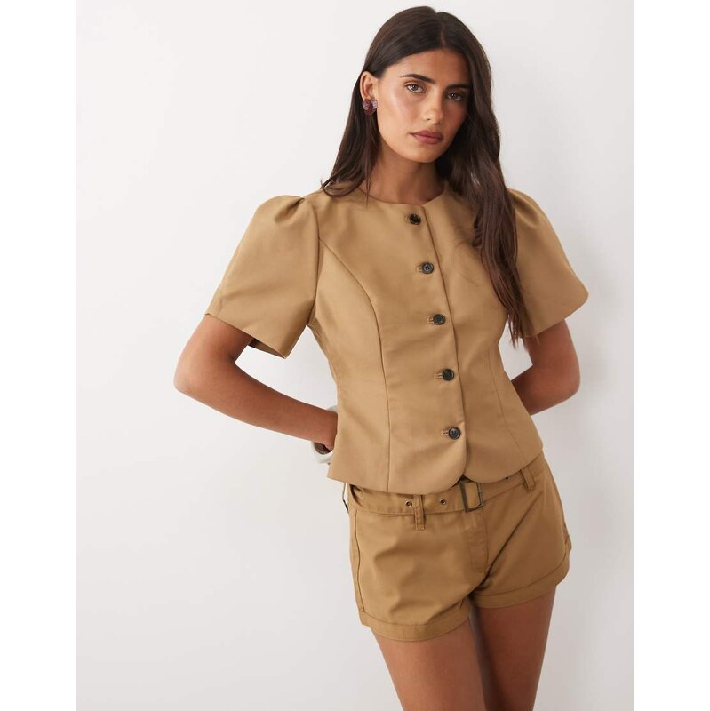 Lioness Femme cotton rich puff sleeve button up blouse co-ord in