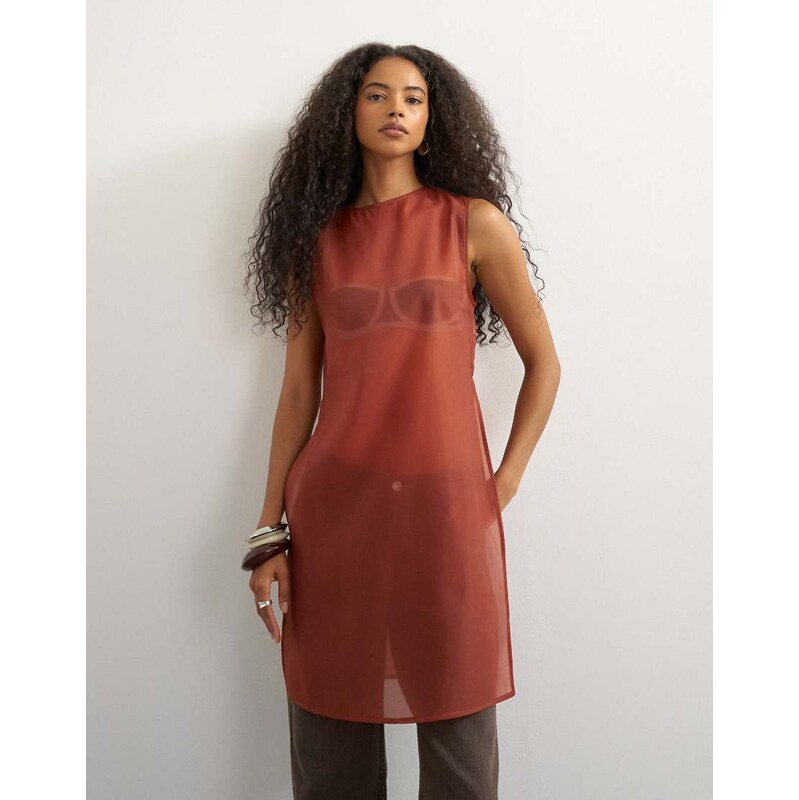 Topshop longline sheer organza tunic in rust-Red