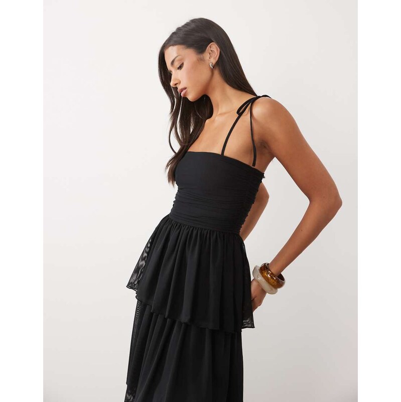 ASOS DESIGN tired mesh midaxi dress in black