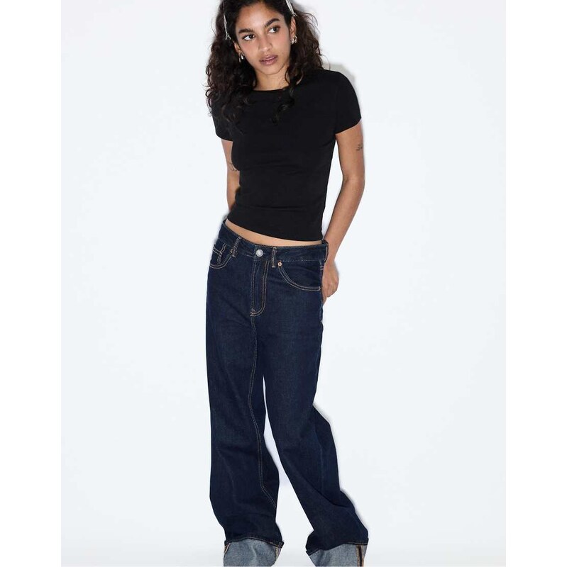 Stradivarius D92 ripped straight wide-leg jeans in rinse blue