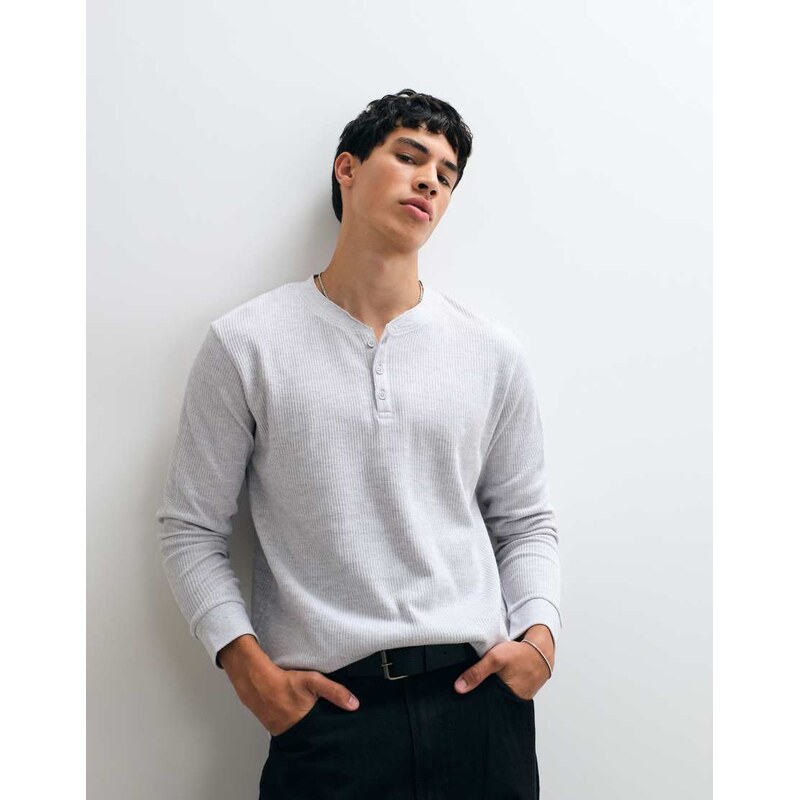 Jack & Jones long sleeve henley top in light grey-White