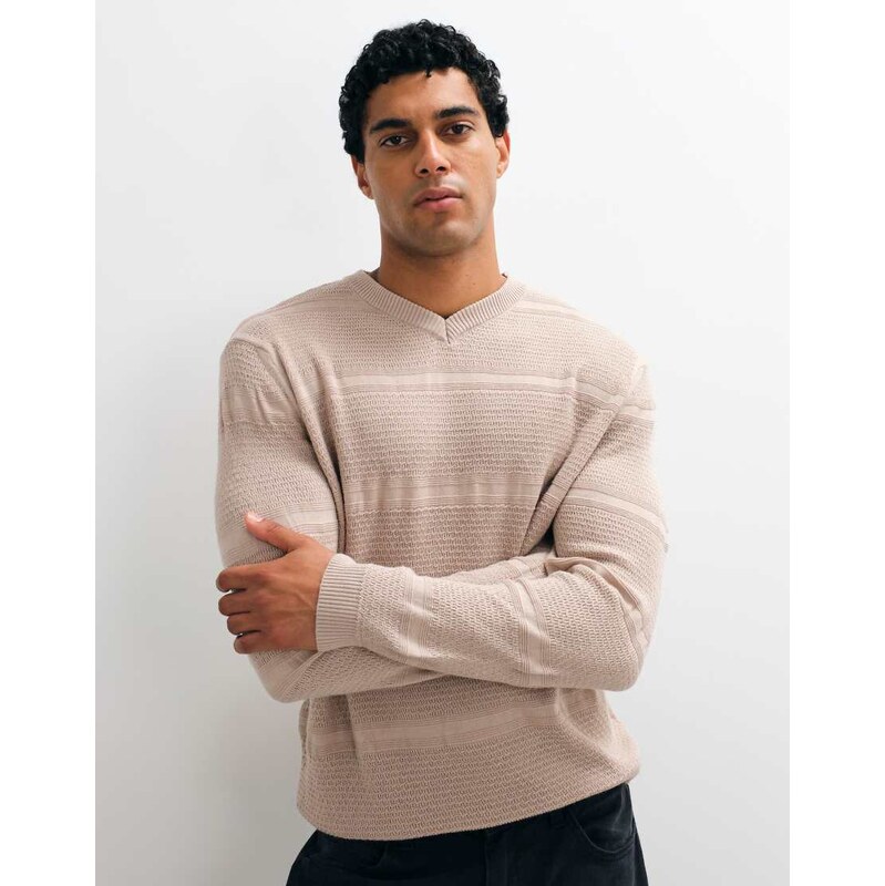 ASOS DESIGN oversized knitted v-neck jumper in beige-Red