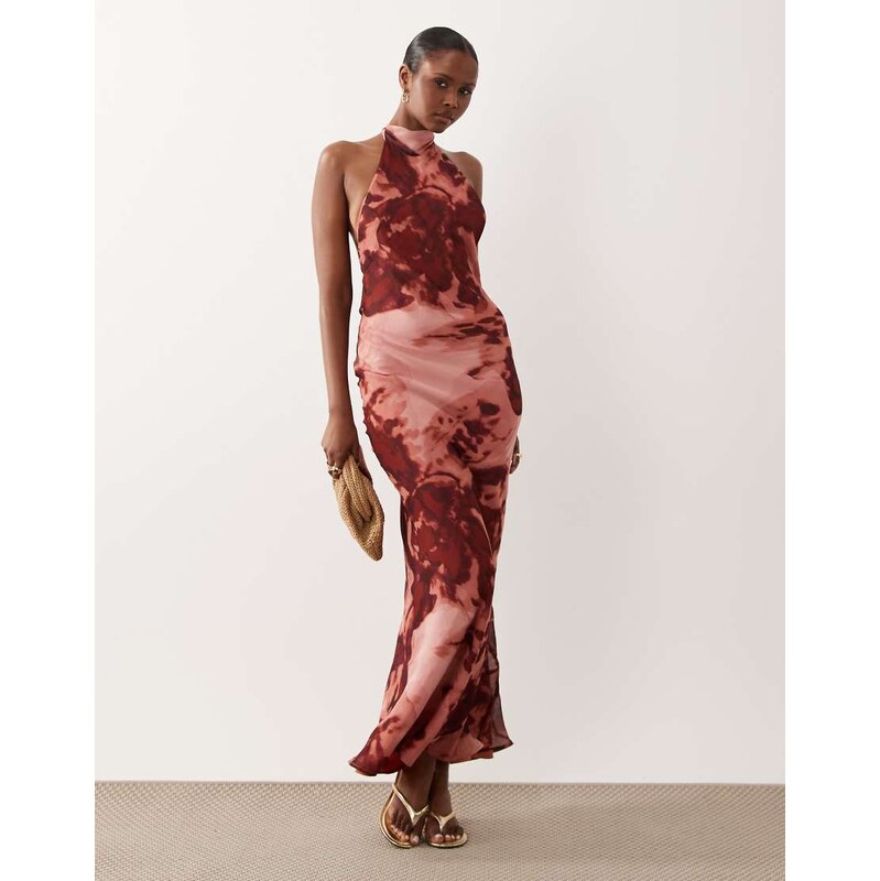 ASOS DESIGN tie halter neck maxi dress in abstract print-Multi