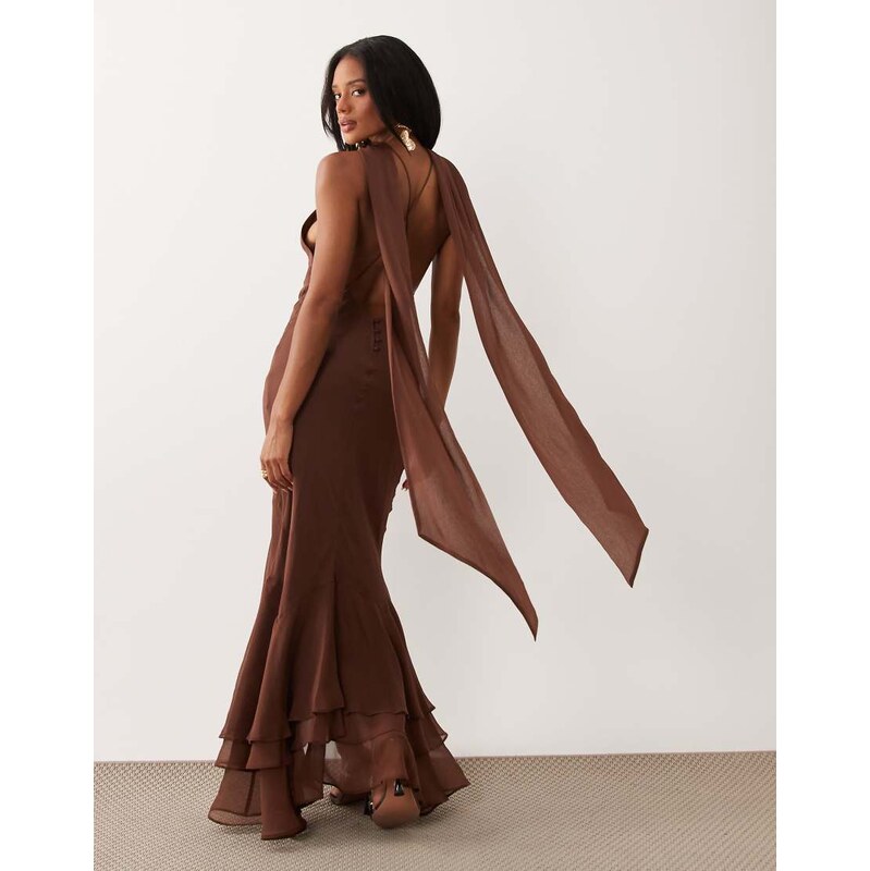 ASOS DESIGN halter maxi dress with scarf detail and ruffle hem