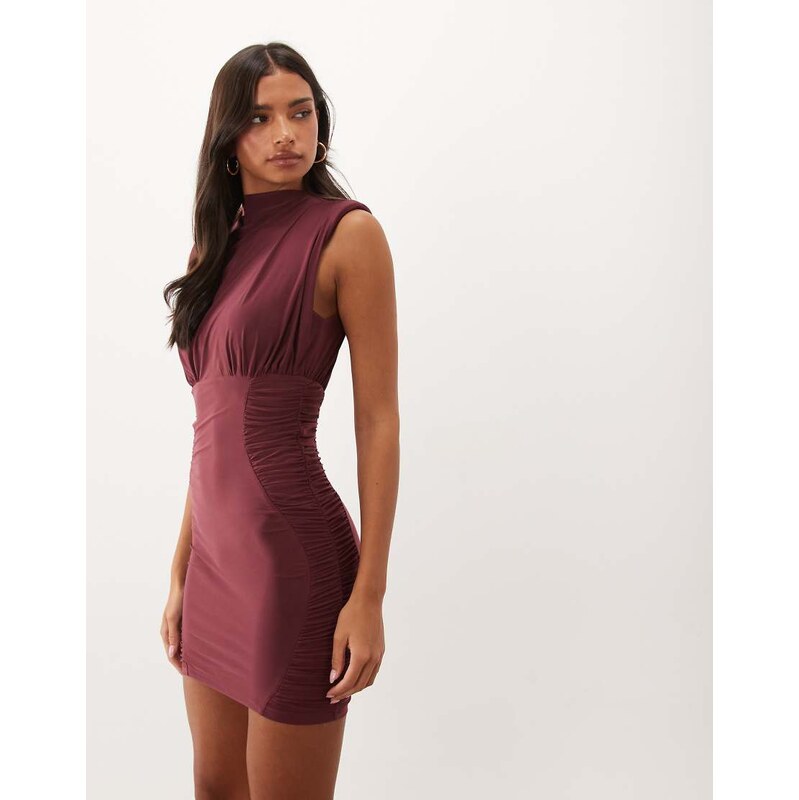 ASOS DESIGN shoulder pad ruched side bodycon dress in heavy soft