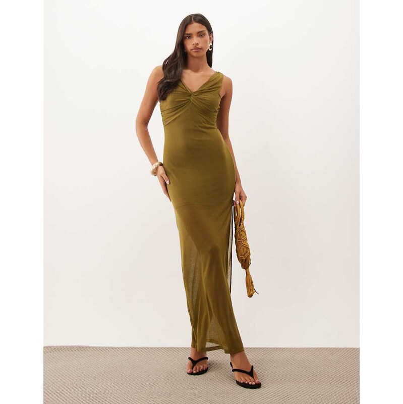 ASOS DESIGN soft semi sheer column maxi dress with twist bust