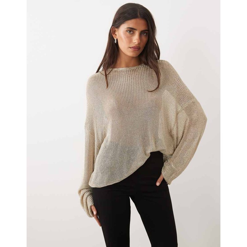 Lioness Bloom cotton blend sheer metallic long sleeve crew neck