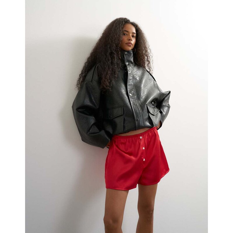 Topshop satin button detail short in red