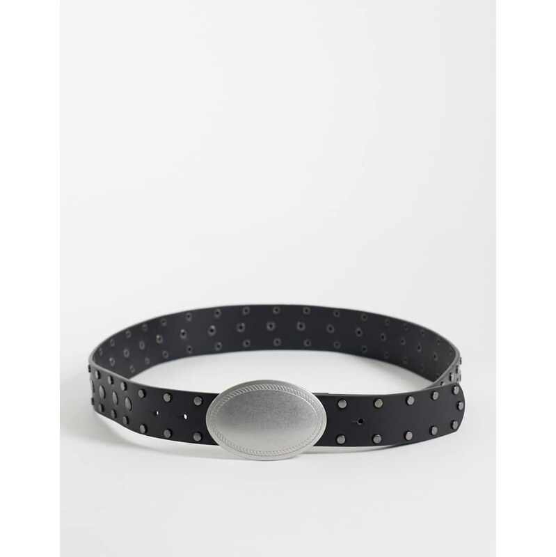 ASOS DESIGN western buckle studded faux leather belt in black