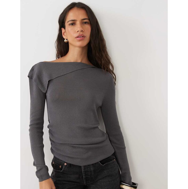 ASOS DESIGN fine knit off the shoulder ruched top in grey