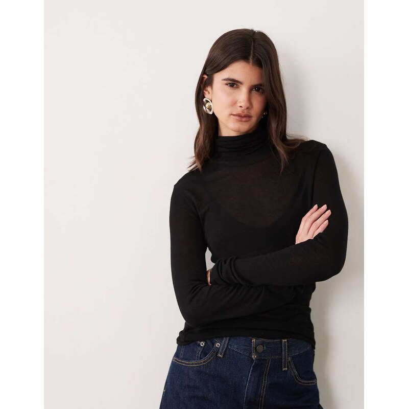 ASOS DESIGN sheer second skin knit roll neck top in black
