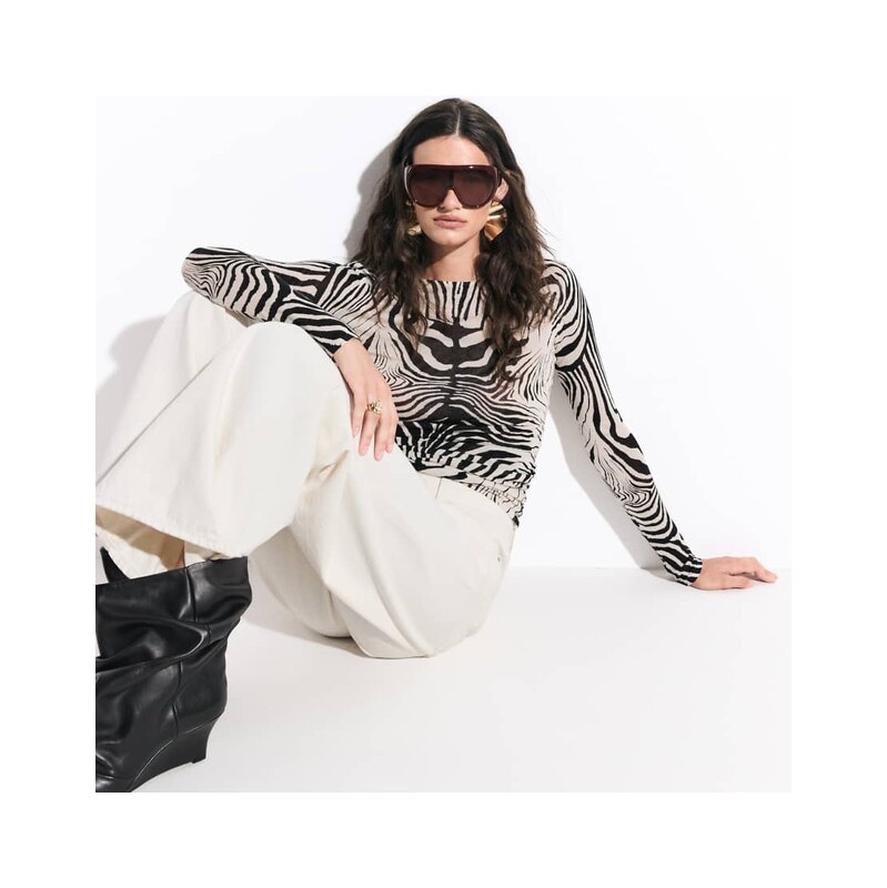ASOS DESIGN sheer knitted soft touch ruched side top in zebra