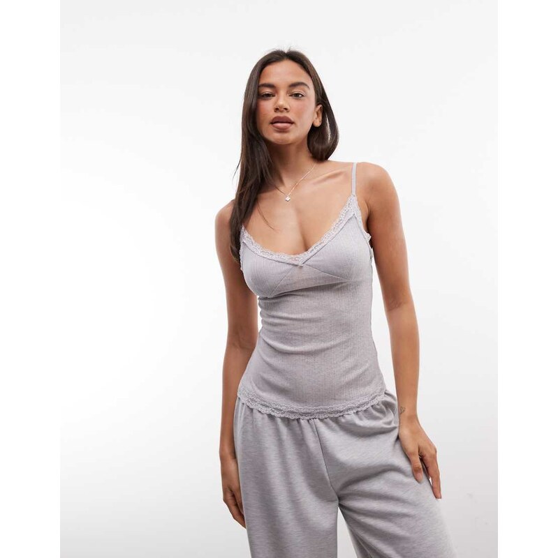ASOS DESIGN mix & match sheer mesh cami with lace trim in grey