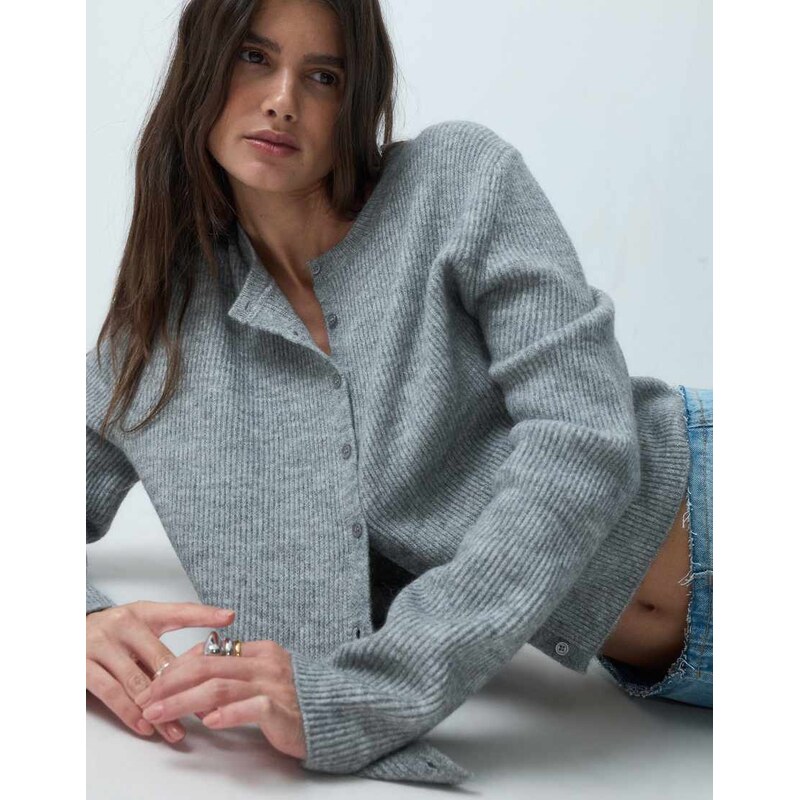 ASOS DESIGN knitted rib basic cardigan in grey-Pink