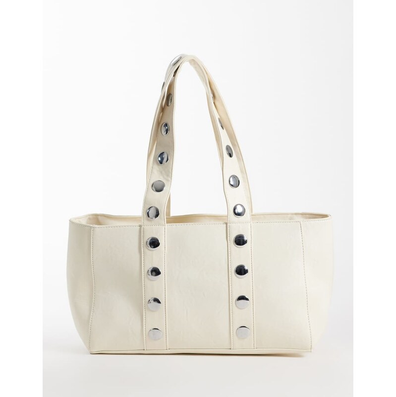 Kaiia exclusive faux leather silver studded tote bag in white