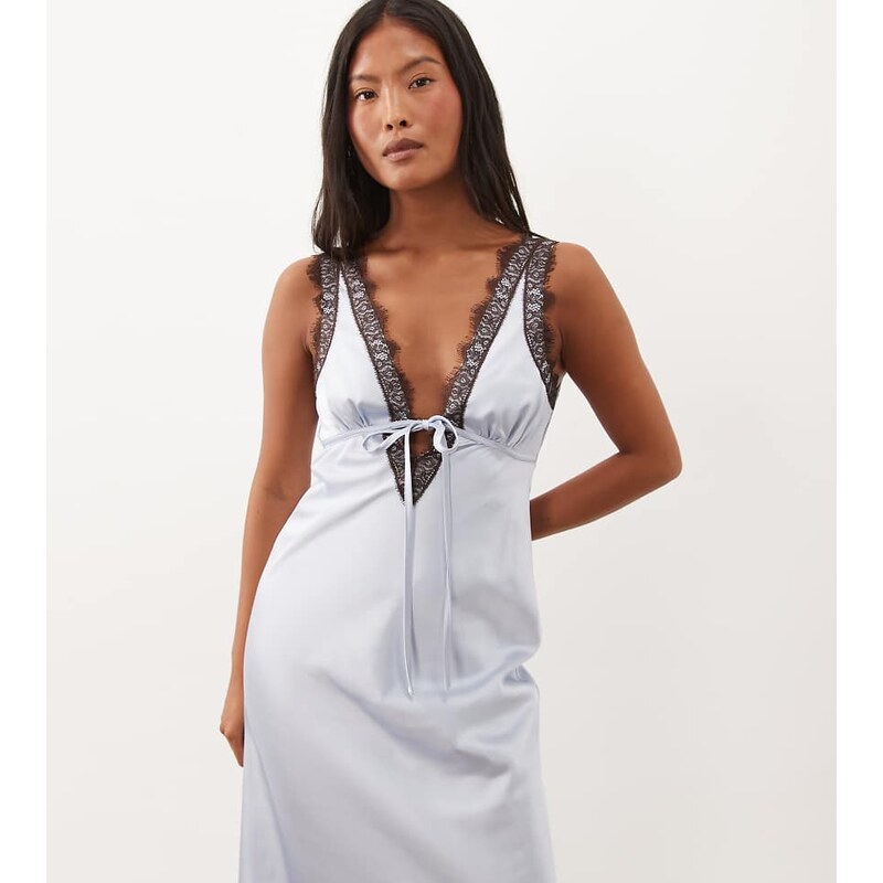 Miss Selfridge Petite satin and lace v-neck maxi dress in blue