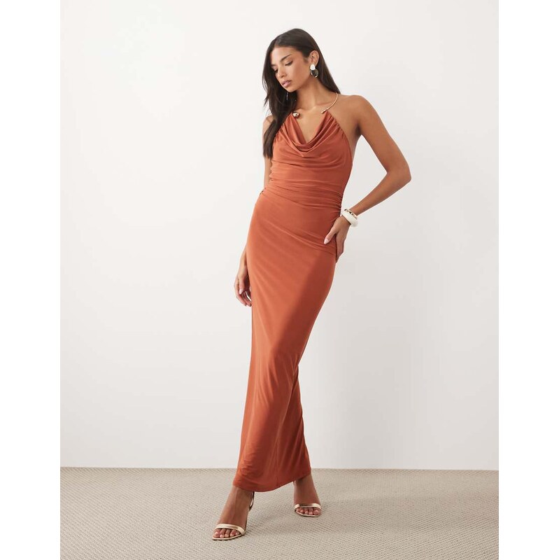 ASOS DESIGN slinky cowl neck maxi dress with floral neck detail