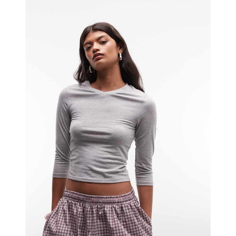 COLLUSION 3/4 length sleeve vneck fitted top in grey marl