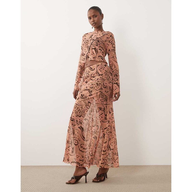 ASOS DESIGN sheer maxi co-ord skirt in coral and brown abstract