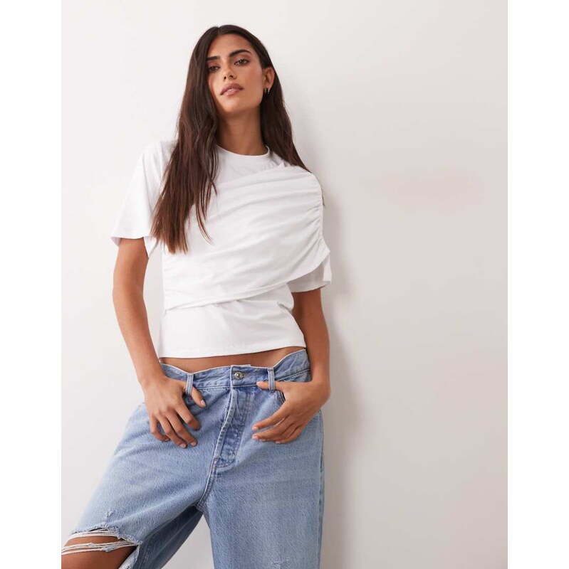 ASOS DESIGN short sleeve wrap top in white
