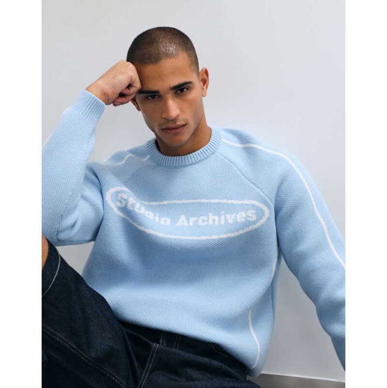 ASOS DESIGN knitted oversized graphic jumper in blue