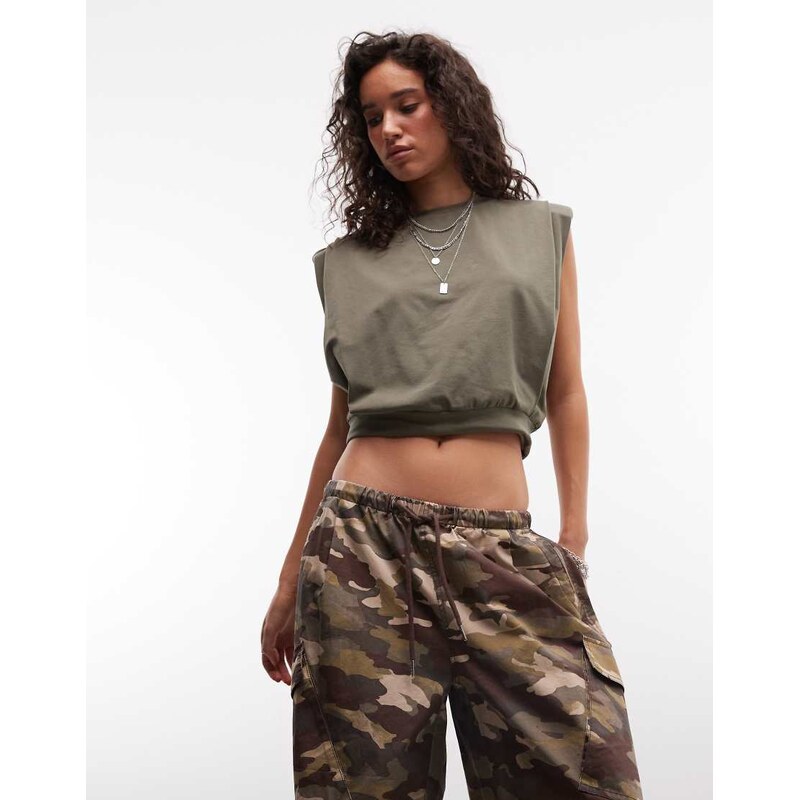 ASOS DESIGN Shoulder pleat tank in khaki-Green