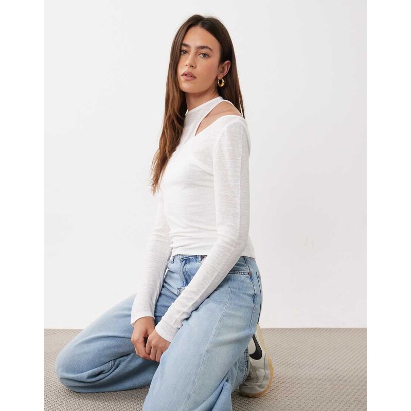 ASOS DESIGN Double layer sheer long sleeve top in ecru-White