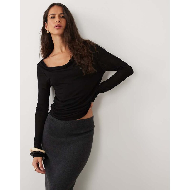 ASOS DESIGN fine knit cowl neck drape top in black