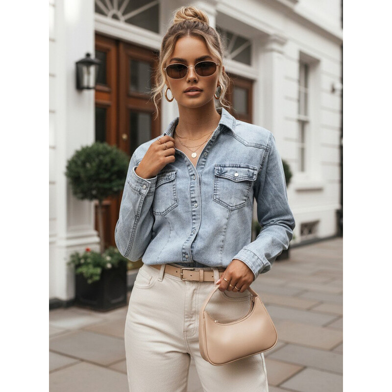 Dámská džínová košile na knoflíky, světle modrá, FashionStreet
