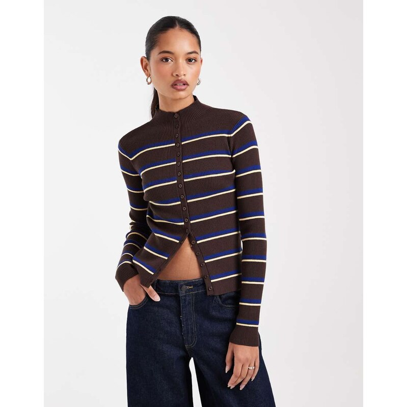 ASOS DESIGN button through funnel neck cardigan in stripe-Multi