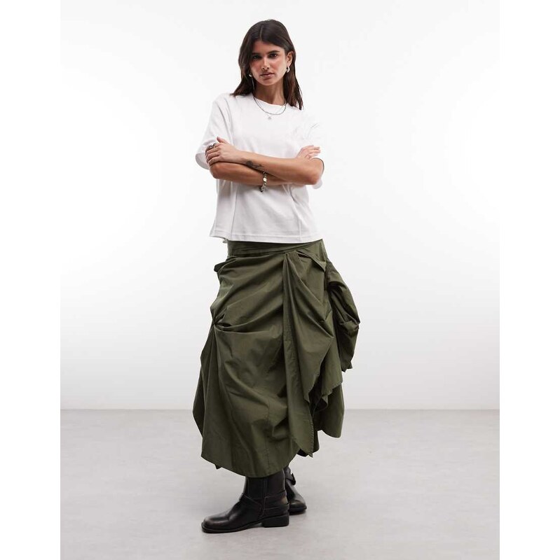 AllSaints Maggie ruffle lace midi skirt in khaki-Green