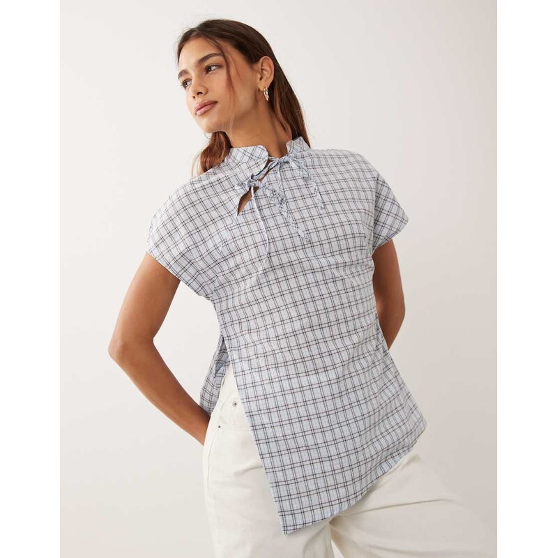 ASOS DESIGN mandarin collar shirt in brown and blue check-Multi