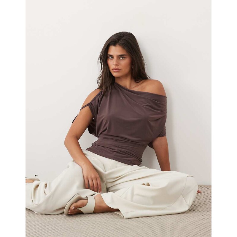 ASOS DESIGN slinky ruched cowl one sleeve top in charcoal-Grey