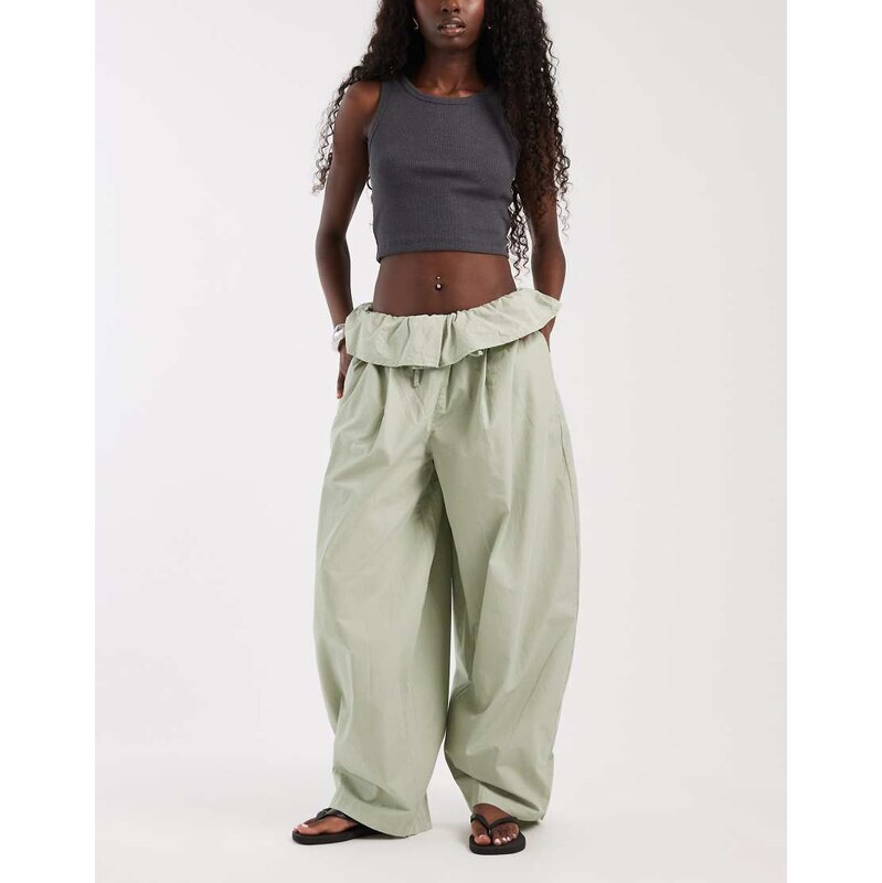 ASOS DESIGN poplin fold over pleated wide leg trouser in sage