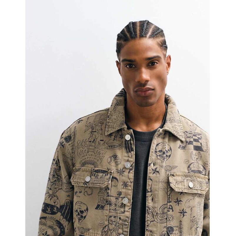 AllSaints Sherb illustrative graphic logo canvas jacket in brown
