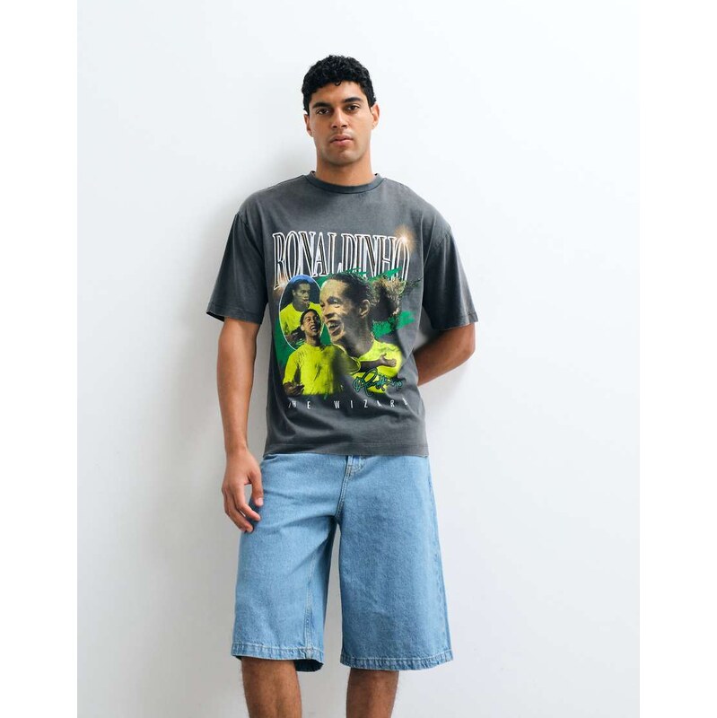 ASOS DESIGN oversized tee with Ronaldinho print in Washed Black