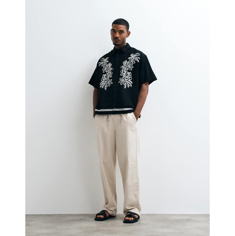 ASOS DESIGN oversized shirt with linen and floral embroidery in