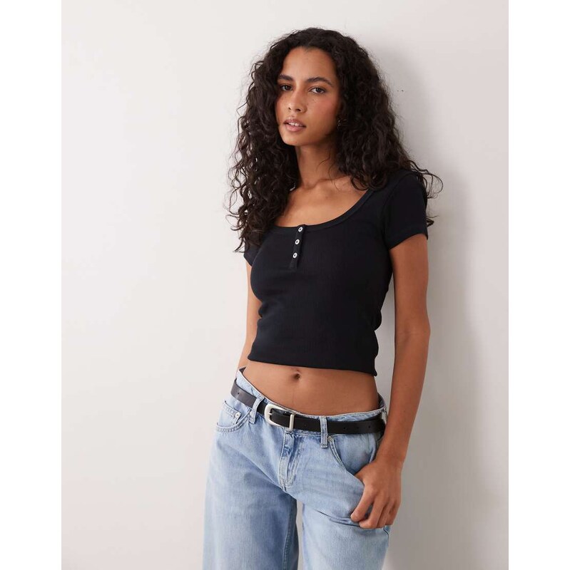 ASOS DESIGN ribbed scoop neck henley baby tee in black