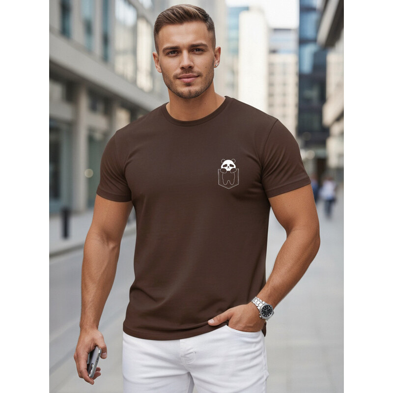 Pánské bavlněné tričko s malým potiskem, hnědé, FashionStreet