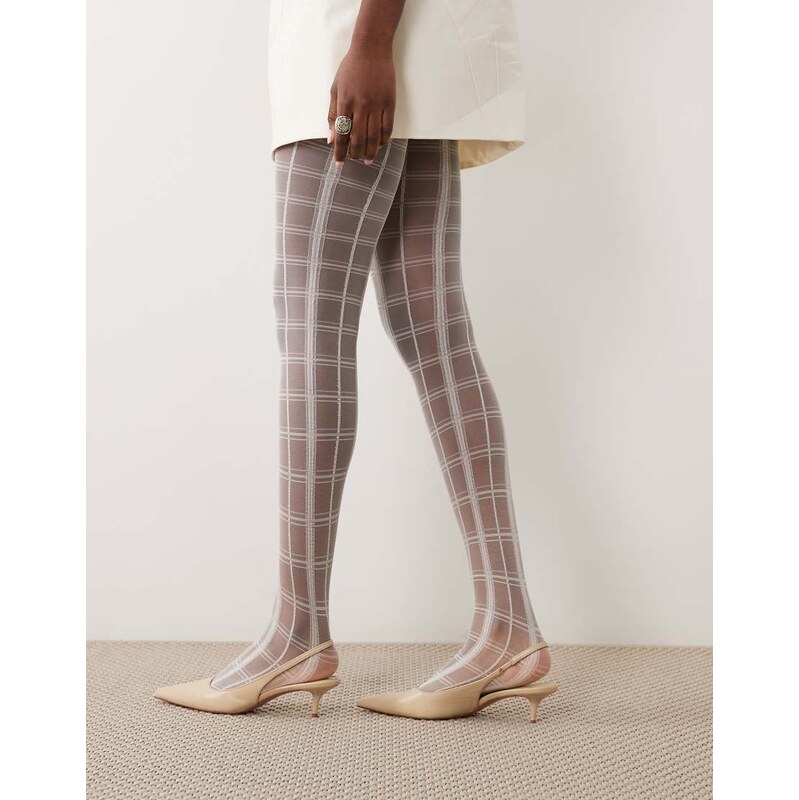 Kaiia exclusive check pattern sheer tights in cream-White