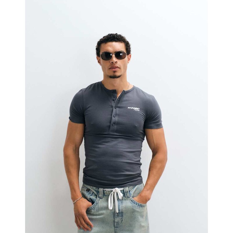 ASOS DESIGN muscle henley t-shirt with chest graphic in grey