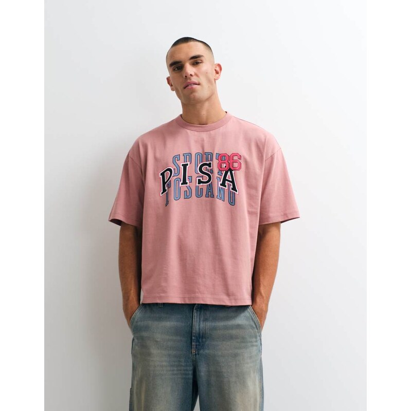 ASOS DESIGN boxy oversized t-shirt with Pisa print in pink wash