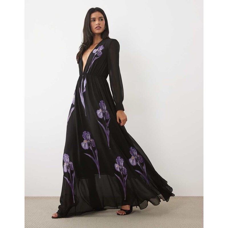 JW PEI Iris floral applique plunging long sleeve maxi dress in