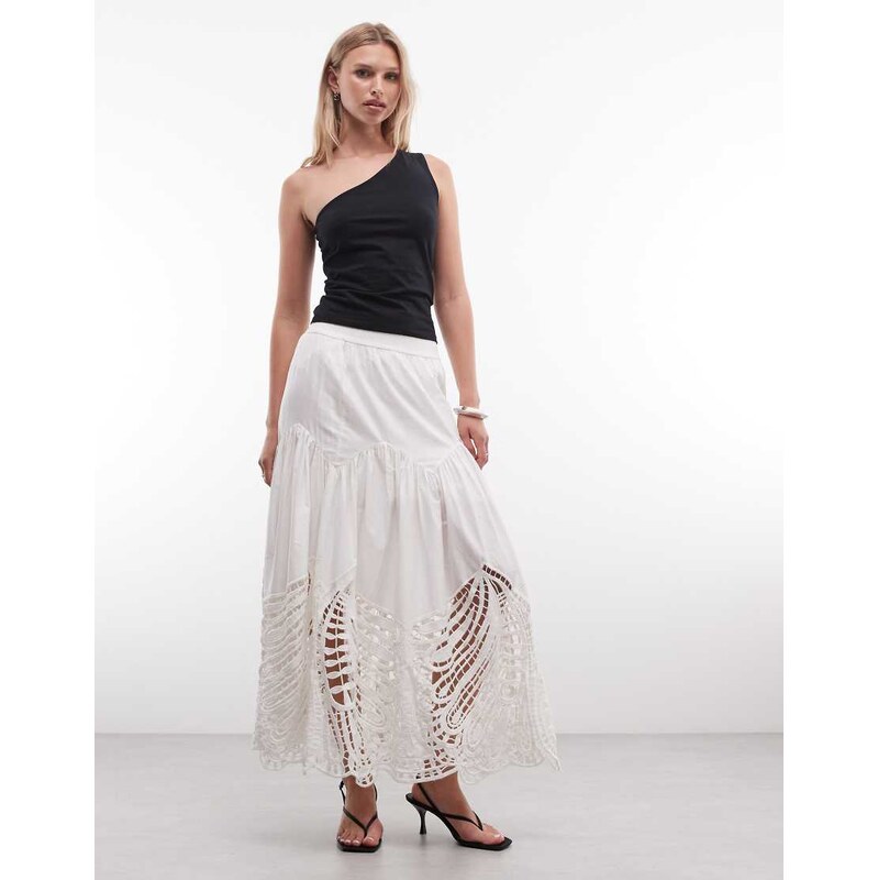 AllSaints Femi leaf cut out midi skirt in white