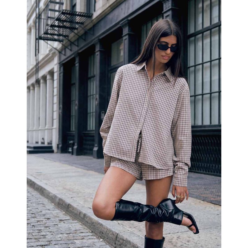 Lioness Nirvana relaxed shirt co-ord in beige plaid check