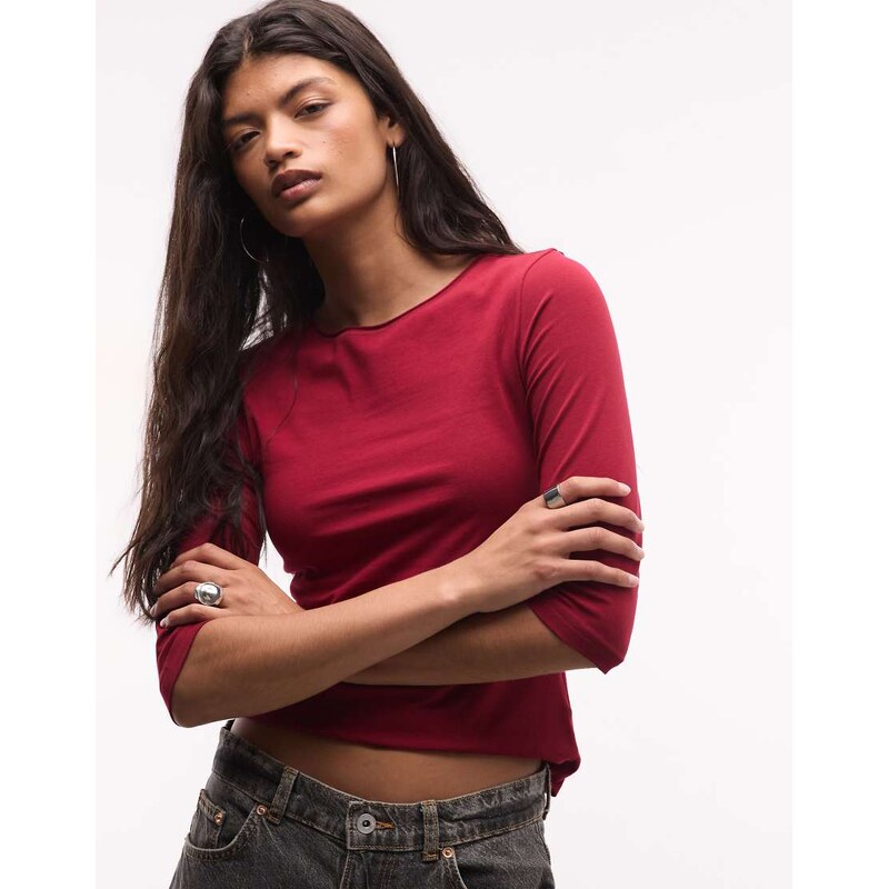 Weekday slim three quarter length sleeve top in cherry red