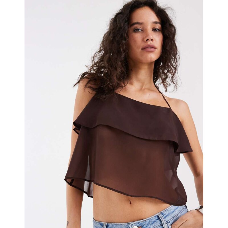 ASOS DESIGN chiffon double layer halter top in co ord-Brown